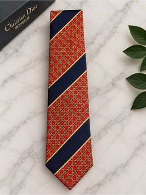 Christian Dior Monsieur 100% Silk Vintage Tie Red Navy Gold Geometric